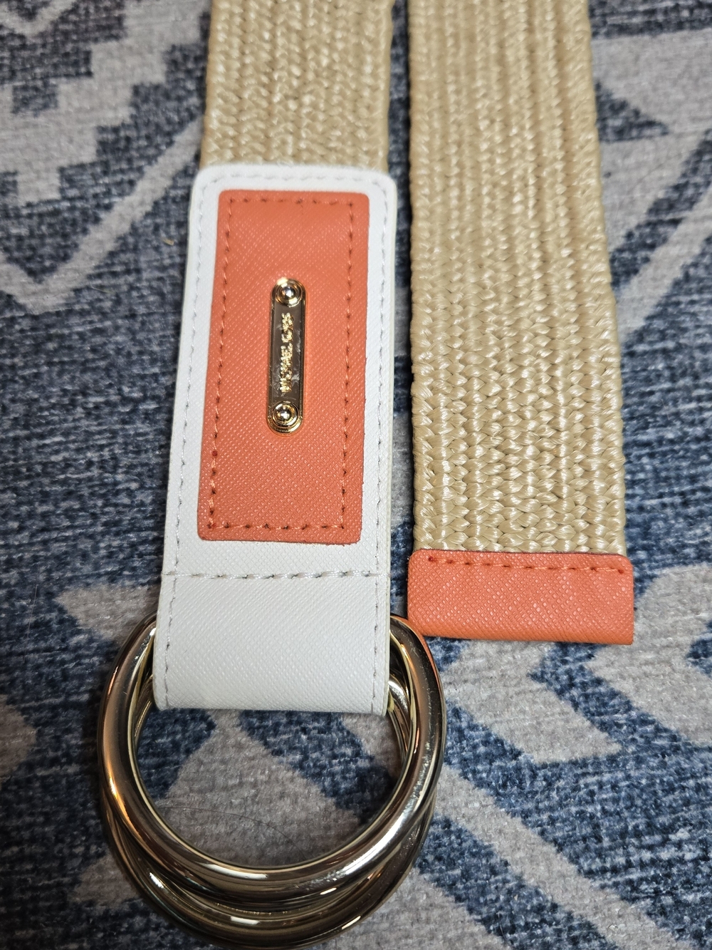Michael Kors Beige Woven Poly Stretch Belt with Leather Orange and White Trim